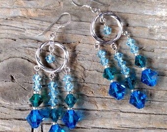 CHANDELIER EARRINGS: Blue & Green Swarovski Crystal Colorful Wedding Prom Sterling Silver