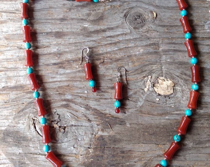 SET: CARNELIAN & TURQUOISE Necklace w/ Earrings Set, Sterling Silver Clasp