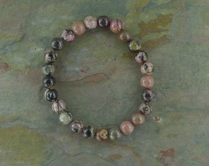 RHODONITE (Web) Chakra Stretch Bracelet All Natural Semi-Precious Stones Healing Metaphysical