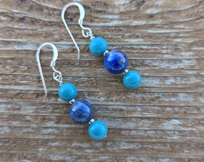 TURQUOISE LAPIS LAZULI Gemstone Earrings Sterling Silver Natural Stone