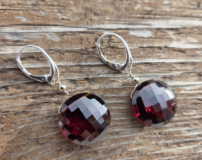 GARNET ~ WoW! Long Faceted Round Gemstone Earrings Sterling Silver Natural Stone
