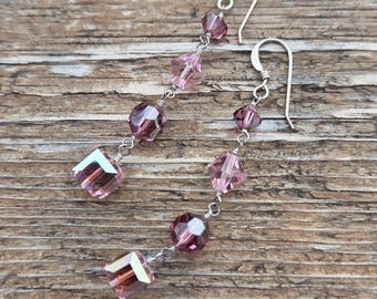 SWAROVSKI: Pink Crystal Colorful Wedding Prom Earrings Sterling Silver