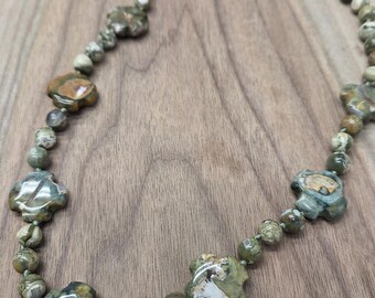 RHYOLITE Beaded Necklace CROSS All Natural Semi-Precious Stones Sterling Silver