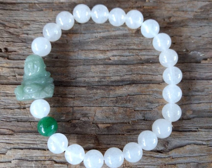 White Quartz & Green AVENTURINE Buddha Chakra Stretch Bracelet All Natural Semi-Precious Stones Healing Metaphysical