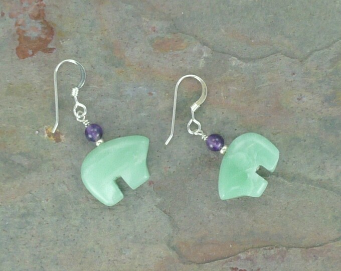 Bear Fetish Zuni Gemstone Earrings Sterling Silver Amazonite & Amethyst