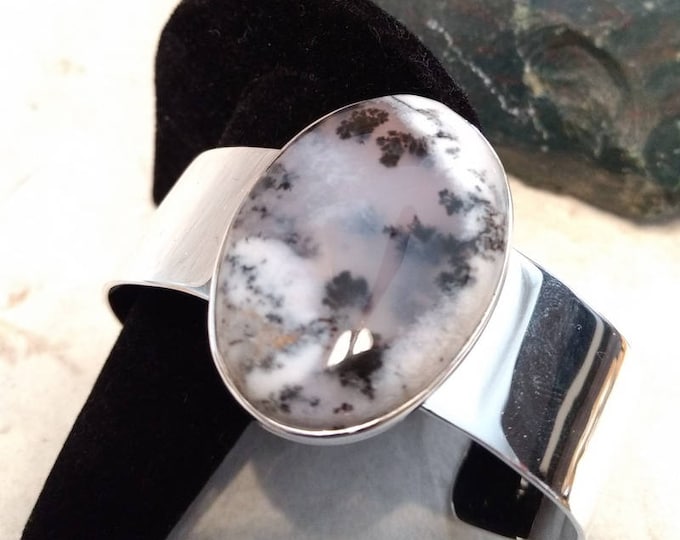 DENDRITIC AGATE Stone STATEMENT Cuff Bracelet Sterling Silver Wide Band Wow!