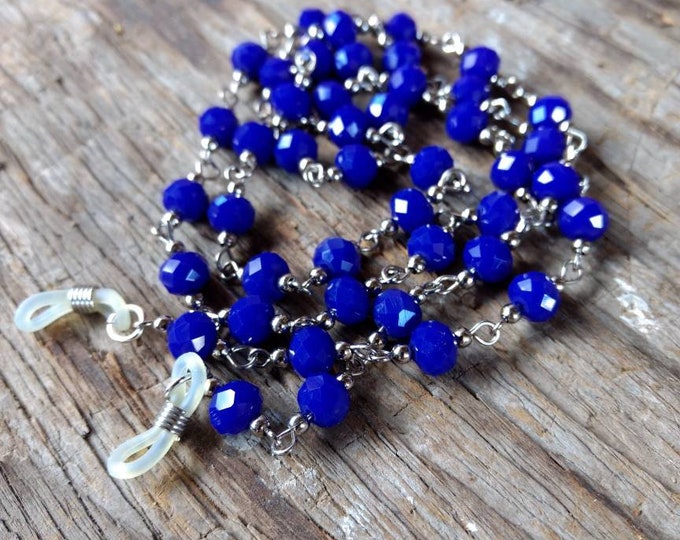 COBALT BLUE, Czech Glass Beads, Linked Silver Wire Eyeglass Chain