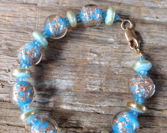 SALE: Vintage Venetian Glass & Swarovski Crystal Blue and Gold Bracelet