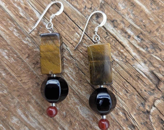 Tiger Eye Black Onyx Carnelian Gemstone Earrings Sterling Silver Natural Stone