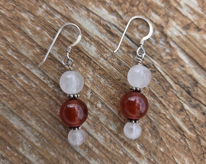ROSE QUARTZ & CARNELIAN Gemstone Earrings Sterling Silver Natural Stone