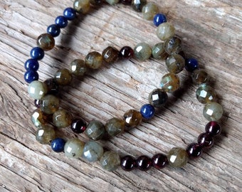 DUO: LABRADORITE LAPIS Garnet Stretch Bracelets All Natural Semi-Precious Stones Healing Metaphysical