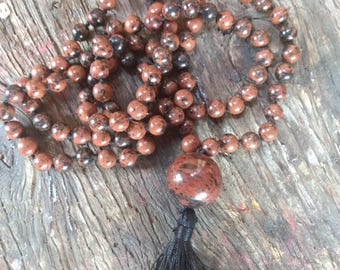 MALA: MAHOGANY OBSIDIAN Beads Silk Tassel Necklace 108 Count Plus Guru Bead