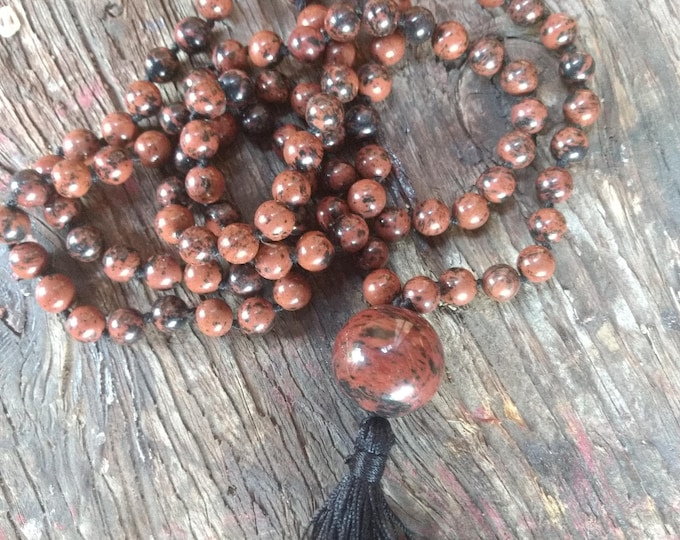 MALA: MAHOGANY OBSIDIAN Beads Silk Tassel Necklace 108 Count Plus Guru Bead