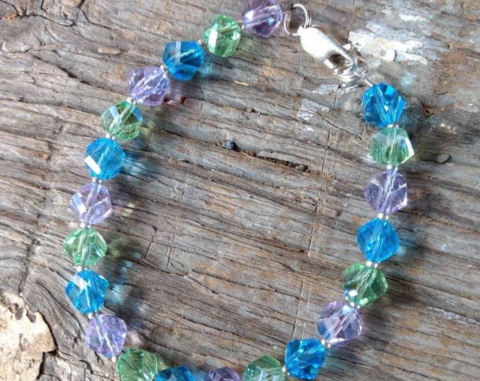 SALE: Sea Colors Swarovski Crystal Turquoise Peridot Lilac Colorful Bracelet Sterling Silver