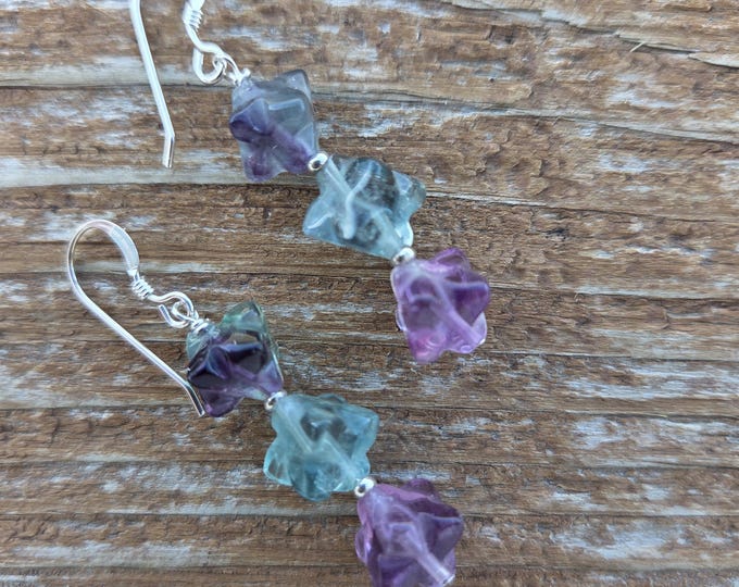 RAINBOW FLUORITE Gemstone Earrings Sterling Silver Natural Stone