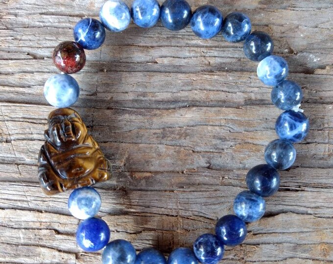 Sodalite & Mahogany Obsidian w/ Tiger Eye Buddha Chakra Stretch Bracelet All Natural Semi-Precious Stones Healing Metaphysical