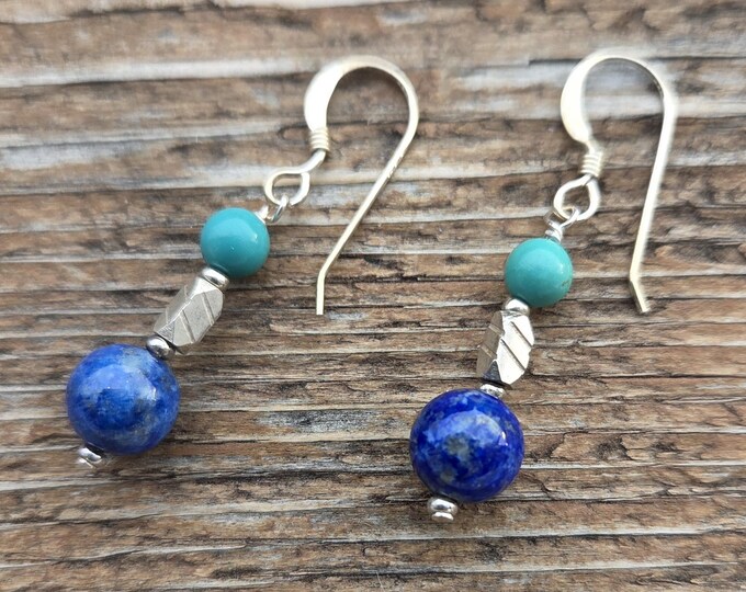 TURQUOISE LAPIS LAZULI Gemstone Earrings Sterling Silver Natural Stone