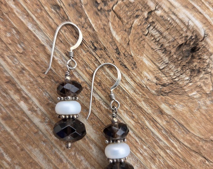 SMOKY QUARTZ Fresh Water Pearl Faceted Gemstone Earrings Sterling Silver Natural Stone