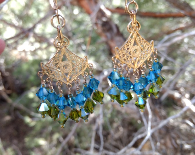 CHANDELIER EARRINGS: Blue Green Swarovski Crystal Colorful Wedding Prom Vermeil (Gold Over Sterling Silver)