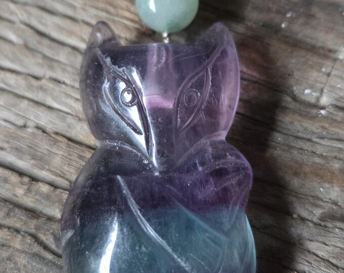 Carved FOX Rainbow Fluorite Natural Gemstone Sterling Silver Necklace