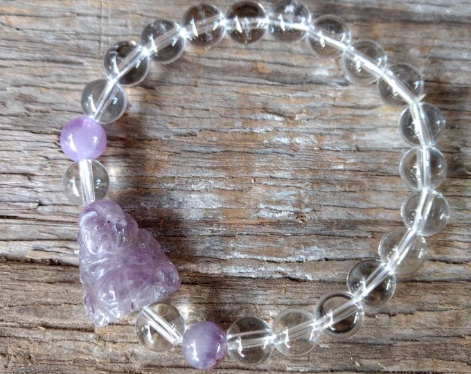 ROCK QUARTZ w/ AMETHYST Buddha Chakra Stretch Bracelet All Natural Semi-Precious Stones Healing Metaphysical