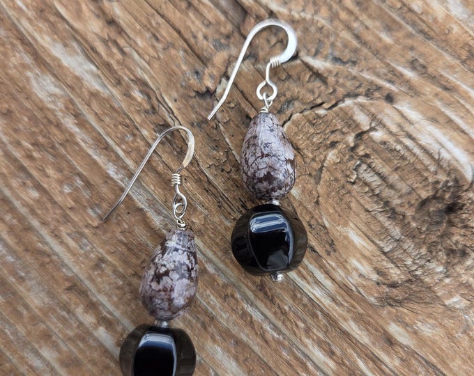 SNOWFLAKE OBSIDIAN BLACK Onyx Buffalo Jasper Gemstone Earrings Sterling Silver Natural Stone