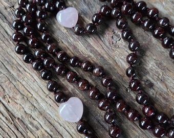 MALA: Garnet Rose Quartz Beads Silk Tassel Necklace 108 Count Plus Guru Bead