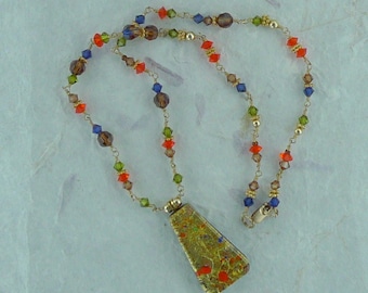 SALE: Artistic Gold Foil KILN GLASS Pendant Swarovski Crystal 14kt Gold Filled Linked Necklace
