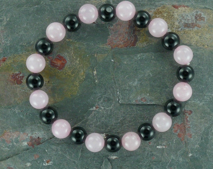 ROSE QUARTZ & ONYX Chakra Stretch Bracelet All Natural Semi-Precious Stones Healing Metaphysical