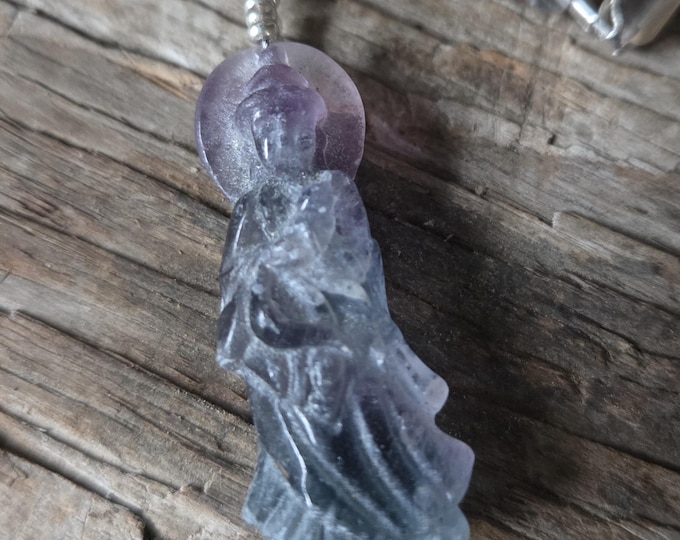 Carved Kwan Yin Rainbow Fluorite Natural Gemstone Sterling Silver Necklace