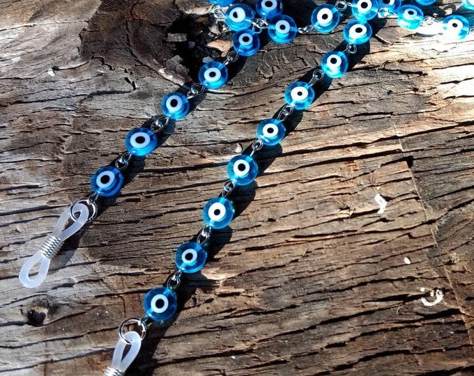 Light Blue EVIL EYE, Protection, Czech Glass Beads, Linked Silver Wire Eyeglass Chain