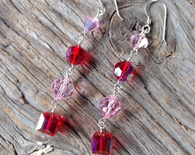 SWAROVSKI: Red & Pink Crystal Colorful Wedding Prom Earrings Sterling Silver