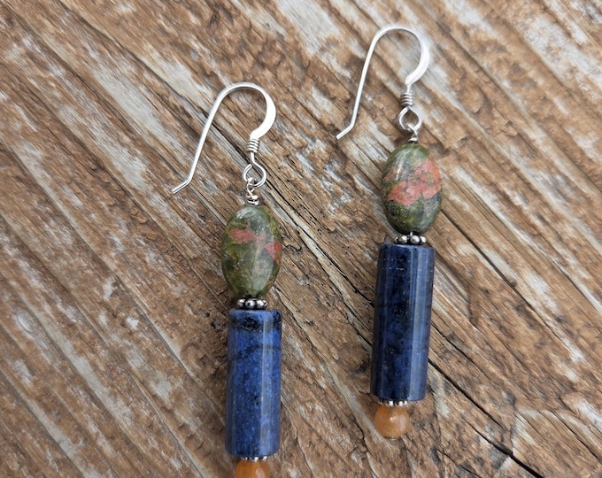 UNAKITE SODALITE Peach AVENTURINE Gemstone Earrings Sterling Silver Natural Stone