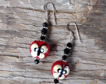 SALE: RED BLACK Butterfly Lampwork w/ Swarovski Crystal Sterling Silver Earrings