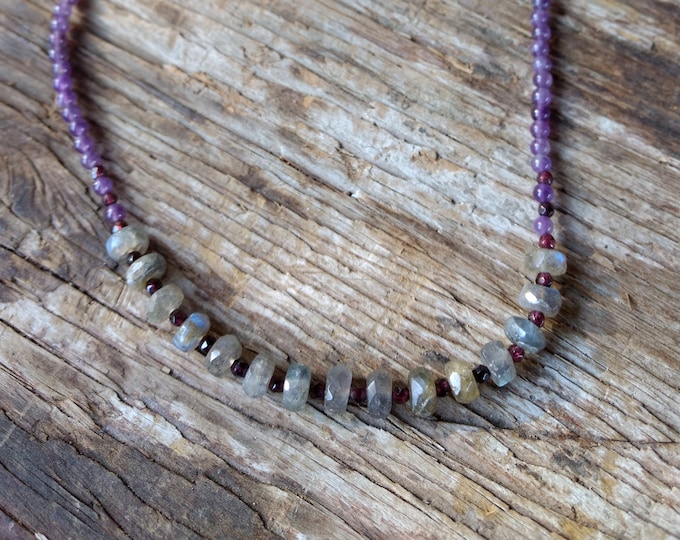 AMETHYST, LABRADORITE GARNET Sterling Silver Necklace