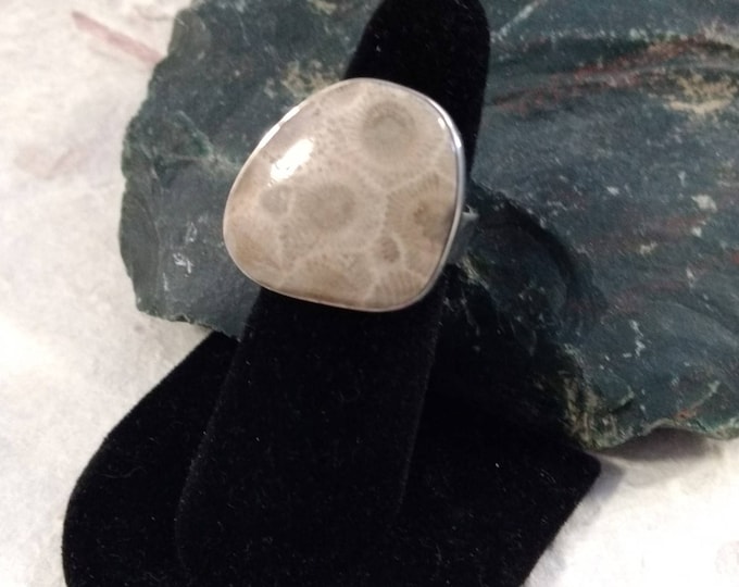 PETOSKEY Stone STATEMENT Ring Fossil Coral Sterling Silver Size 9