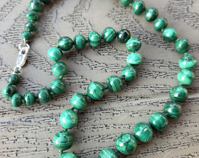 Malachite Graduated Knotted Beaded Necklace Sterling Silver Clasp