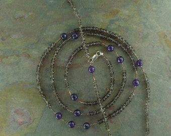 Long SMOKY QUARTZ & AMETHYST Faceted Wrap Necklace or Bracelet