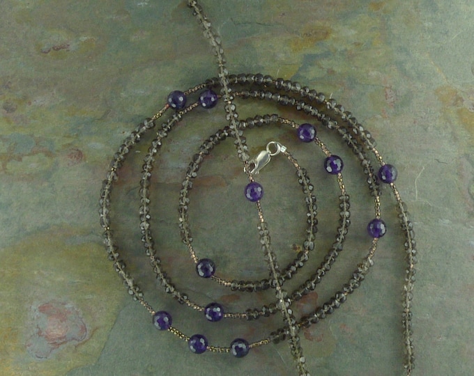Long SMOKY QUARTZ & AMETHYST Faceted Wrap Necklace or Bracelet