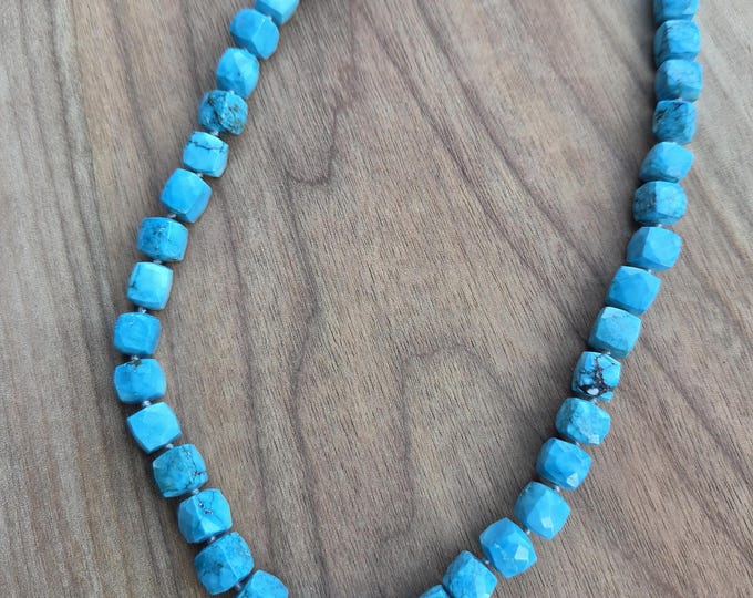 ARIZONA BEAUTIFUL TURQUOISE Sleeping Beauty Faceted Cube Gemstone Sterling Silver Necklace