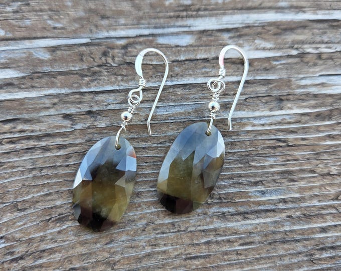 SAPPHIRE Slice Faceted Rough Sapphire Gemstone Earrings Sterling Silver Natural Stone