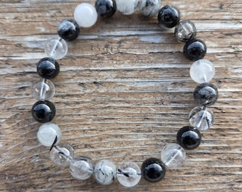 Tourmalinated Quartz Chakra Stretch Bracelet All Natural Semi-Precious Stones Healing Metaphysical
