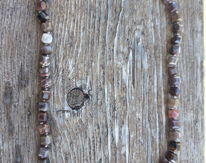 PETRIFIED WOOD MONTANA Faceted Cube Bead Sterling Silver Necklace