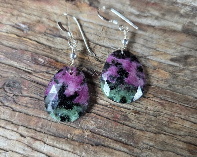 Ruby Zoisite Faceted Gemstone Earrings Sterling Silver Natural Stone