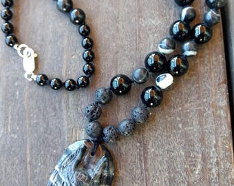 Carved WOLF Pendant Zebra Jasper Black Tourmaline Lava Chakra Necklace All Natural Semi-Precious Stones Healing Metaphysical