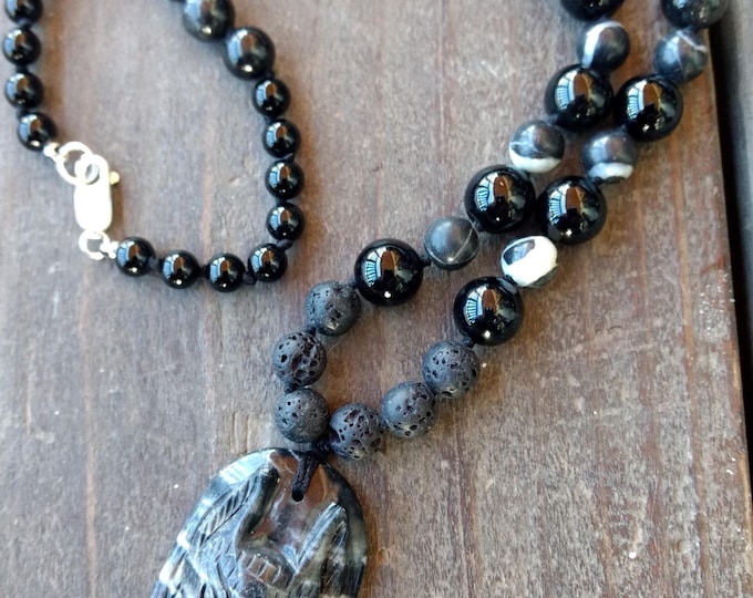 Carved WOLF Pendant Zebra Jasper Black Tourmaline Lava Chakra Necklace All Natural Semi-Precious Stones Healing Metaphysical