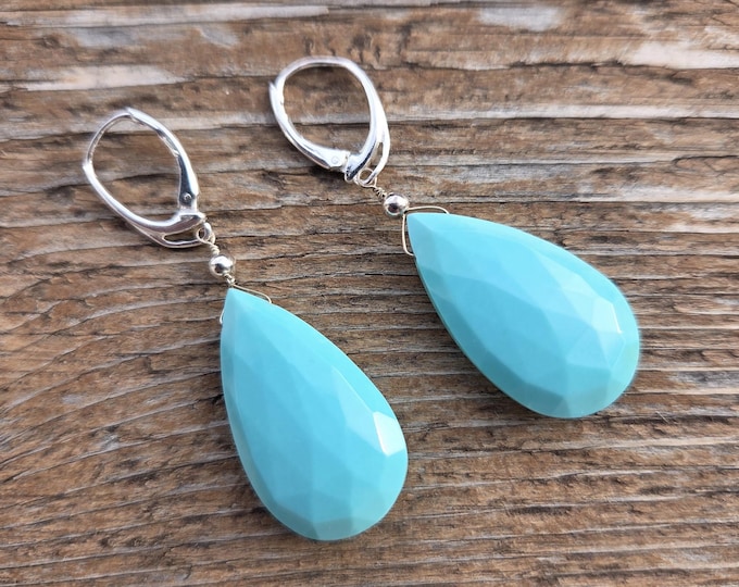 SLEEPING BEAUTY TURQUOISE ~ WoW! Long Faceted Teardrops Gemstone Earrings Sterling Silver Natural Stone