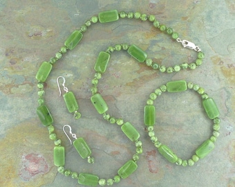 SET: JADE Natural Gemstone Sterling Silver Necklace Bracelet Earring Set