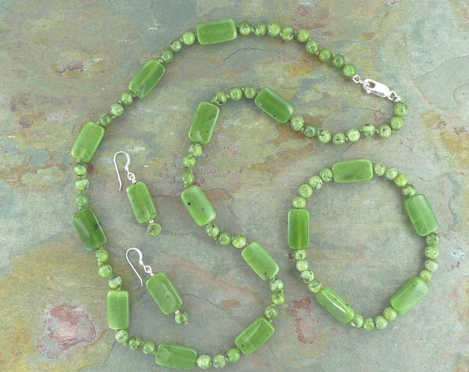 SET: JADE Natural Gemstone Sterling Silver Necklace Bracelet Earring Set