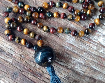 MALA: Tigereye 108 Count Plus Guru Bead Silk Tassel Necklace Red and Brown Tigereye